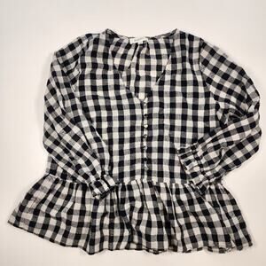 Bohme Gingham Peplum Blouse M Black White Cottagecore Ruffle Top